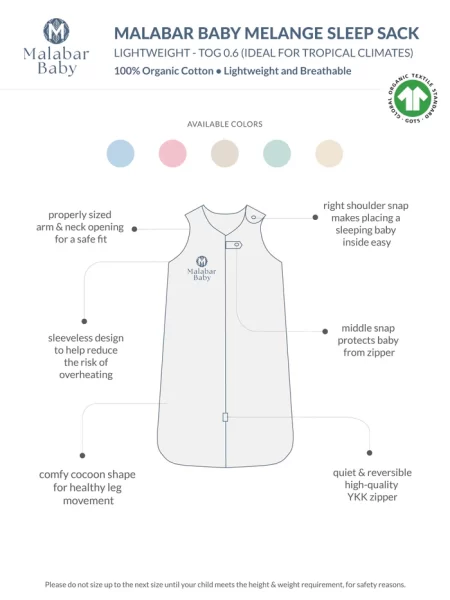 Malabar Baby Melange Wearable Baby Sleep Sack TOG 0.6 (Lightweight) in Oatmeal - Image 4